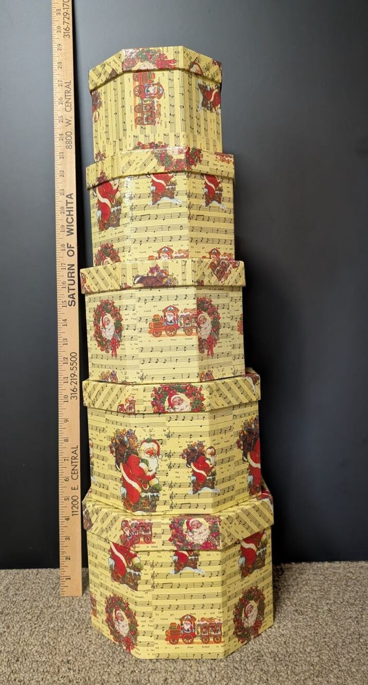 Vintage Nested Christmas Gift Boxes Set of 5 Festive Decorative Storage